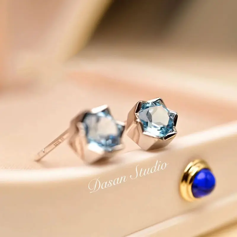 High-Grade 925 Sterling Silver Stud Earrings French Entry Lux Navy Blue Topaz Colored Gems Silver Earrings Women's All-Match Europe and America Cross Border