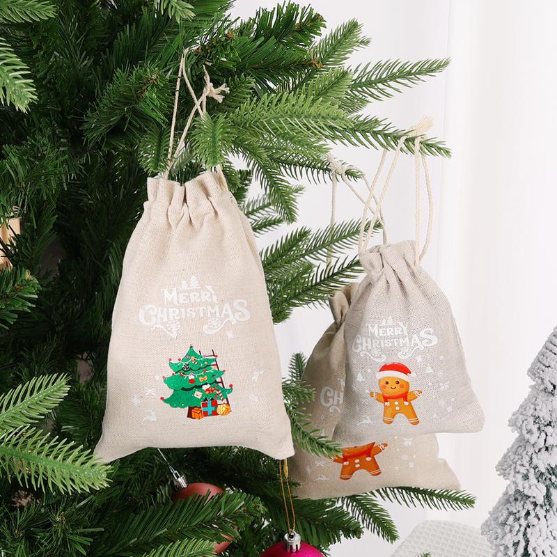 Product Introduction of 5/1pcs Linen Christmas Candy Gifts Bags Santa Claus Snowman Drawstring Bag New Year Snack Packaging Party Bags 13