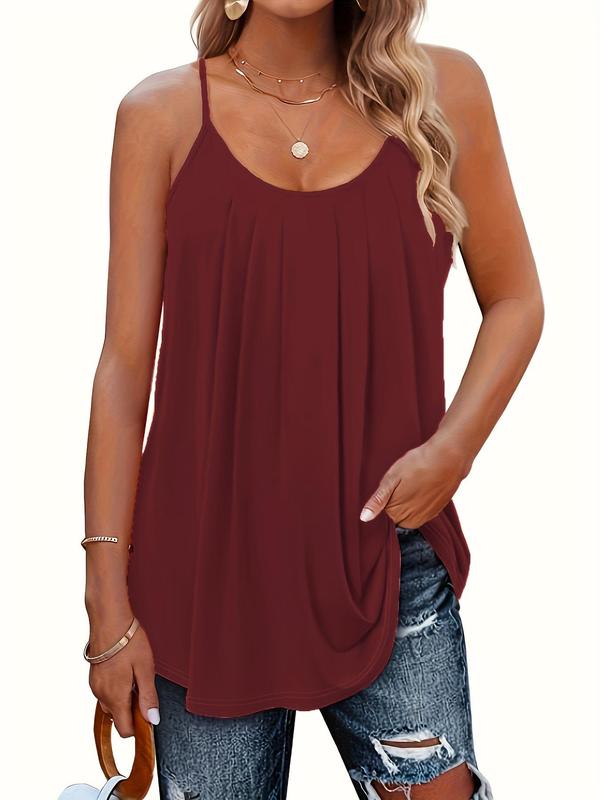 【 Plus Size】 Plain Plicated Scoop Neck Cami Top, Comfort Adjustable Spaghetti Strap Top for Lady, Women's Clothing for Daily Wear, Evening Top on Holiday, Womenswear 2