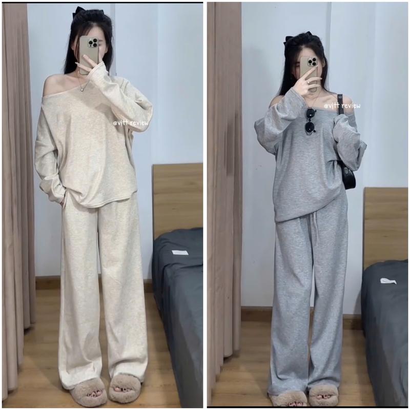 Set Áo Lệch Vai Kèm Quần Ống Suông,  set  nỉ Nữ  Chất liệu len lông thỏ mềm mại- S132 Voi Kem Voi Kem Women Top Nhung