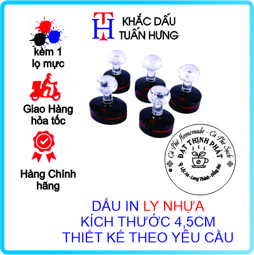 Con dấu Flash Tròn In logo Shop lên Ly nhựa, Túi nilon, In hộp cơm