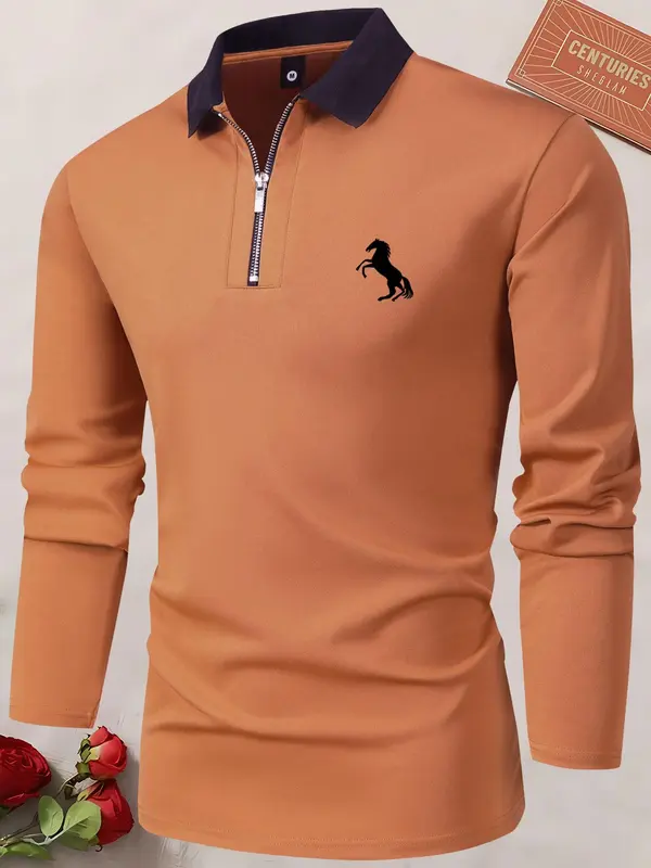 Men's Horse Print Quarter Zipper Polo Shirt, Contrast Collar Longsleeves Polo Shirt, Men's Drippy Outfits, Stylish Going Out Outfit 4