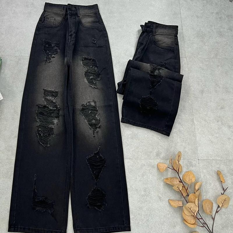 Quần Jean Nữ ống Suông lưng cao rách kiểu Xám Đen -Quần baggy jean nữ ống rộng màu RETTO mẫu mới TH80