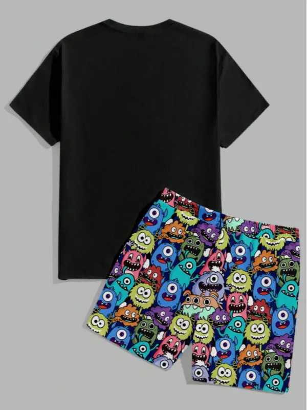 Two-Piece Set Men's Cartoon Print Tee & Shorts Set, Regular Fit Casual Round Neck Short Sleeve T-shirt & Shorts, Men's Summer Clothes 1