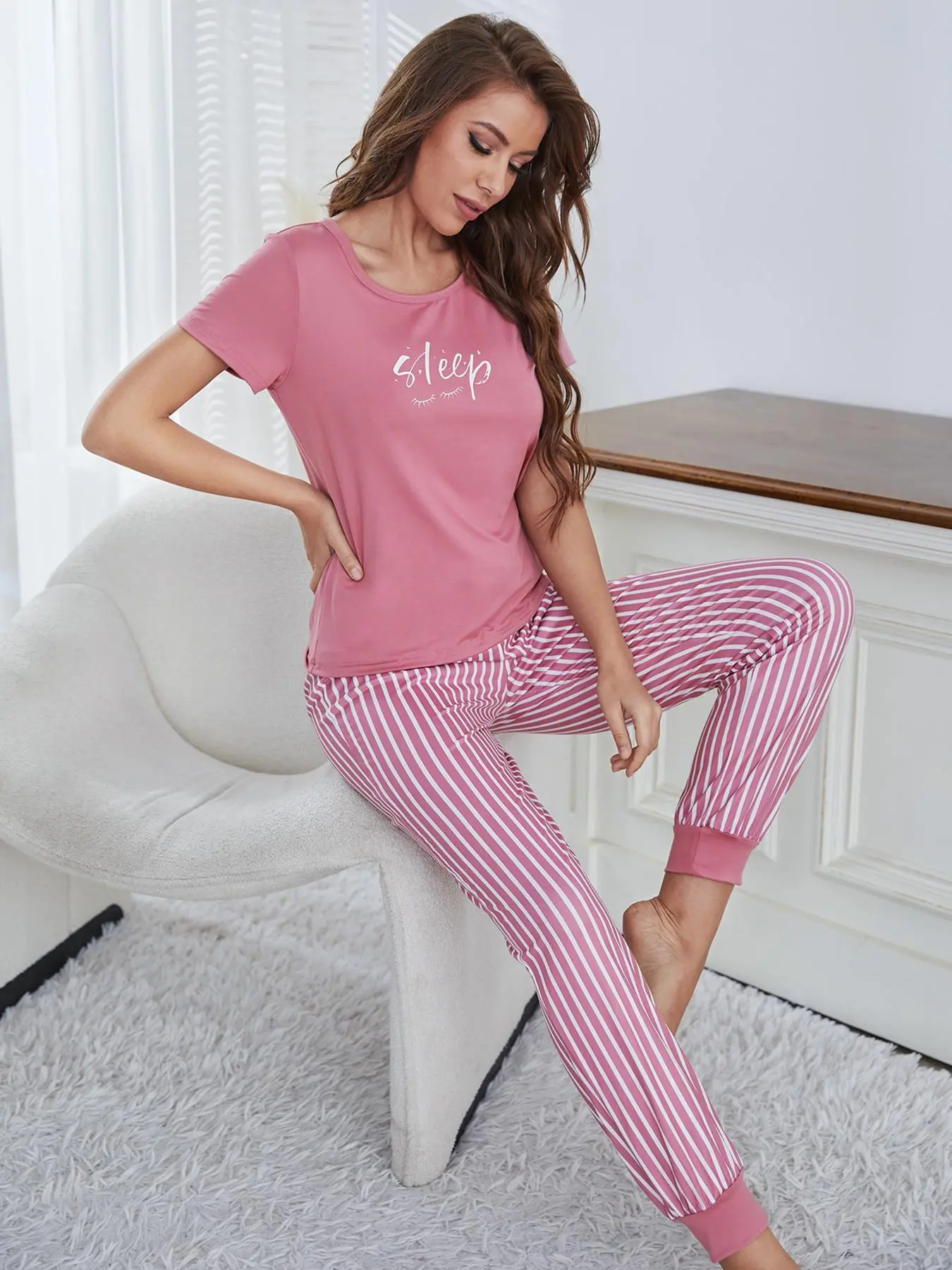 Women's Letter Print Tee & Pants Pyjama Two-piece Set, Casual Comfy Round Neck Short Sleeve T-shirt & Trousers Pyjama Set, Ladies Summer Sleepwear