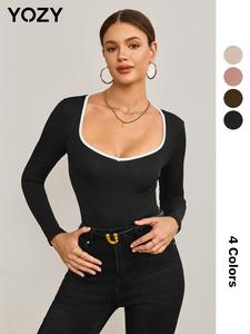 YOZY Contrast Binding V Neck Tee, Casual Elegant Slim-fitting Long Sleeve T-shirt, Women's Daily Wear for Spring & Autumn Office Siren Clothes