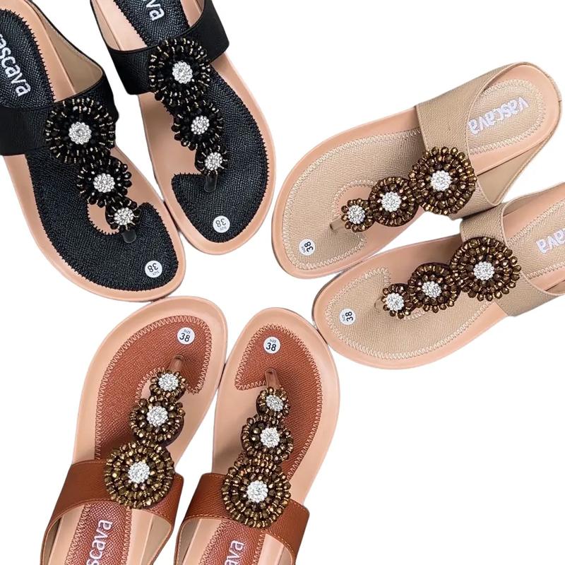  Dép Kẹp Quai Bít Gót Đính Đá Sáng Mặt Trên Full Thêu Có Lót Điệm Mềm Êm Chân Đế TPR Chóng Trơn Trợt ,Mũi Tròn  Dép Nữ DéP GiàY Shoes Kim Tuyến Women Sandal 