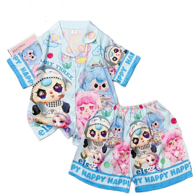 MÃ 32: ( 20-48kg) . Bộ đồ mặc nhà quần đùi cổ bẻ  pijama bé gái lụa XƯỚC  IN 3D siêu hot. Lụa xước ánh kim ,hàng thiết kế in nhân vật hoạt hình hottren . chất liệu mềm ,mịn ,mát , thoáng mát không nhăn. an toàn cho da bé Top  Nhung Áo