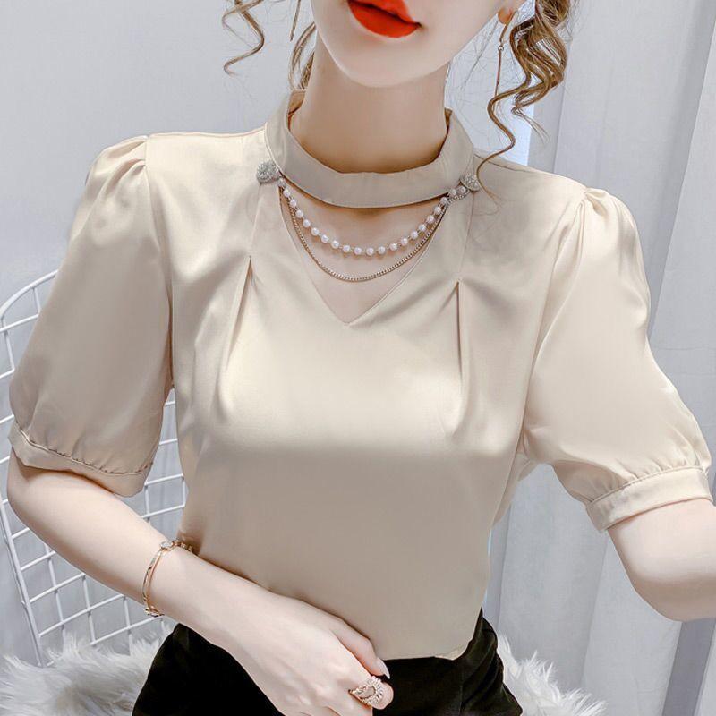 Áo Voan, Ngắn Tay, Dáng Rộng Vừa Vặn, Dành Cho Nữ, Cổ Yếm Dây Chuyền Ngọc Trai, Màu Trơn Cỡ Lớn, Áo Mùa Hè, Phong Cách 2024, Hàng Mới Về 5