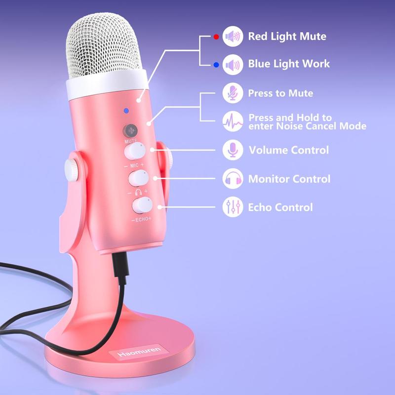 Product Introduction of HAOMUREN USB Microphone, Condenser Gaming Mic with Gain-Knob, Press to Mute, Monitor/Volume/Echo Adjustment for Phone/Laptop/PC/PS4/5/Computer, Come with Stand Base, Audio 5