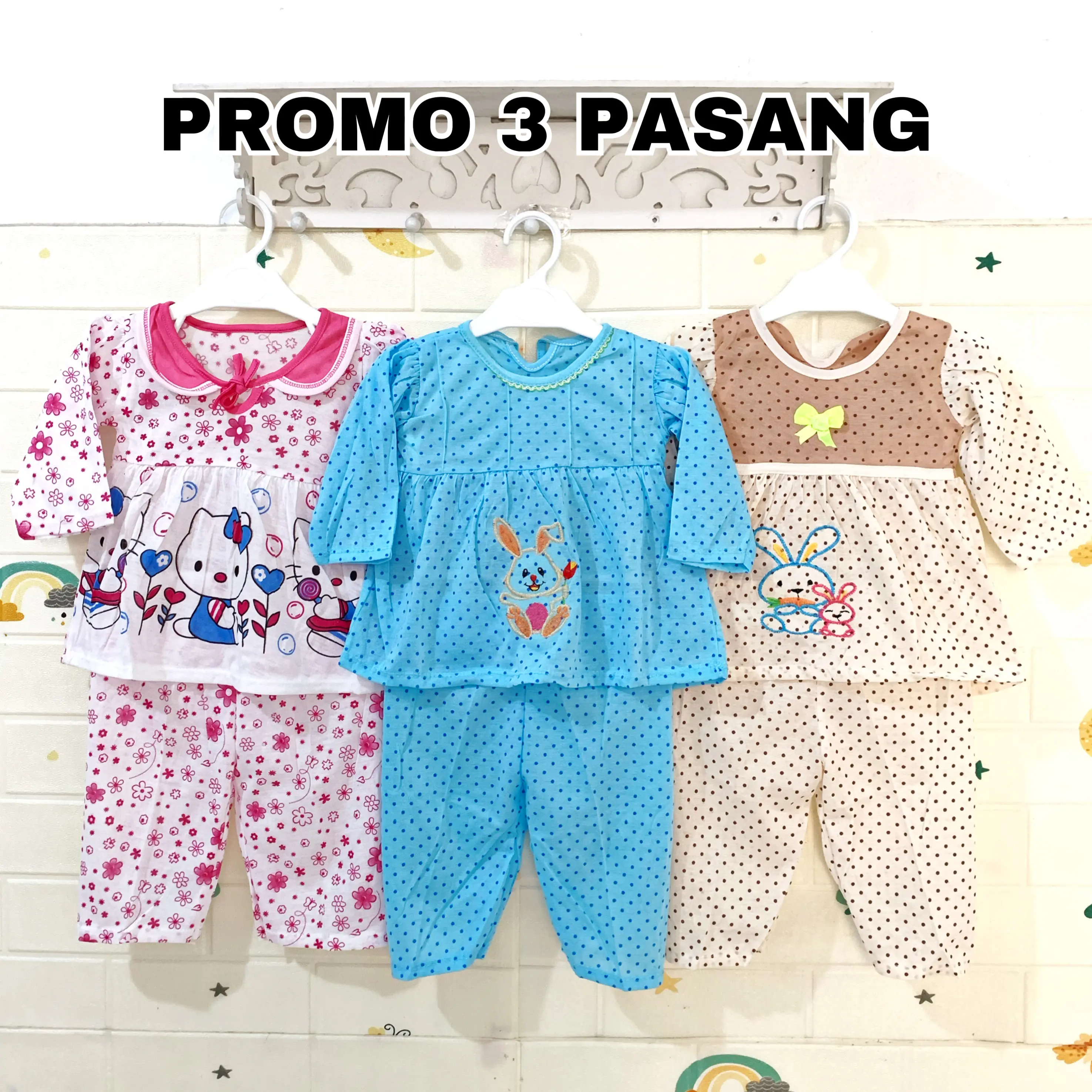 NEW PROMO 3 PASANG STELAN BAYI PEREMPUAN 0-12 BULAN/PIYAMA ANAK PEREMPUAN/BAJU TIDUR BAYI PEREMPUAN MURAH Katun Lengan Cewek