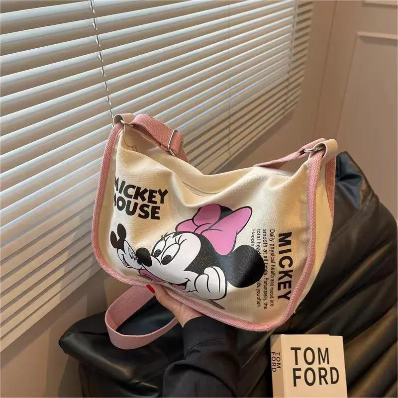 [4487 People Collected] Mickey Cartoon Canvas Bag for Women, Ins Style, Versatile Large Capacity Shoulder Saddle Bag, Student Class Crossbody Dumpling Bag
