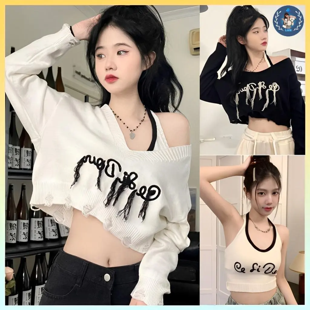 💥[A194] Set (2 MÓN) áo len thun Montoghi CỔ V TUA RUA tay dài kèm áo YẾM Cardigan hàng dệt kim xinh xắn - L2M (Top Nữ Nhung Women ) 【 hoa hồng 】