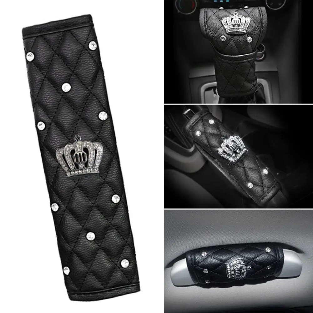 Car Styling Crystal Crown Car Seat Belt Cover Shoulder Pads Car Shifter Gear Knob Cover Hand Brake Covers Auto Interior Accessories #451816