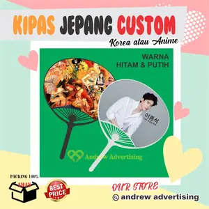 Kipas Jepang Custom Gambar Foto Sendiri, Keluarga, Anime, KPOP model Kerang Plastik Hitam dan Putih