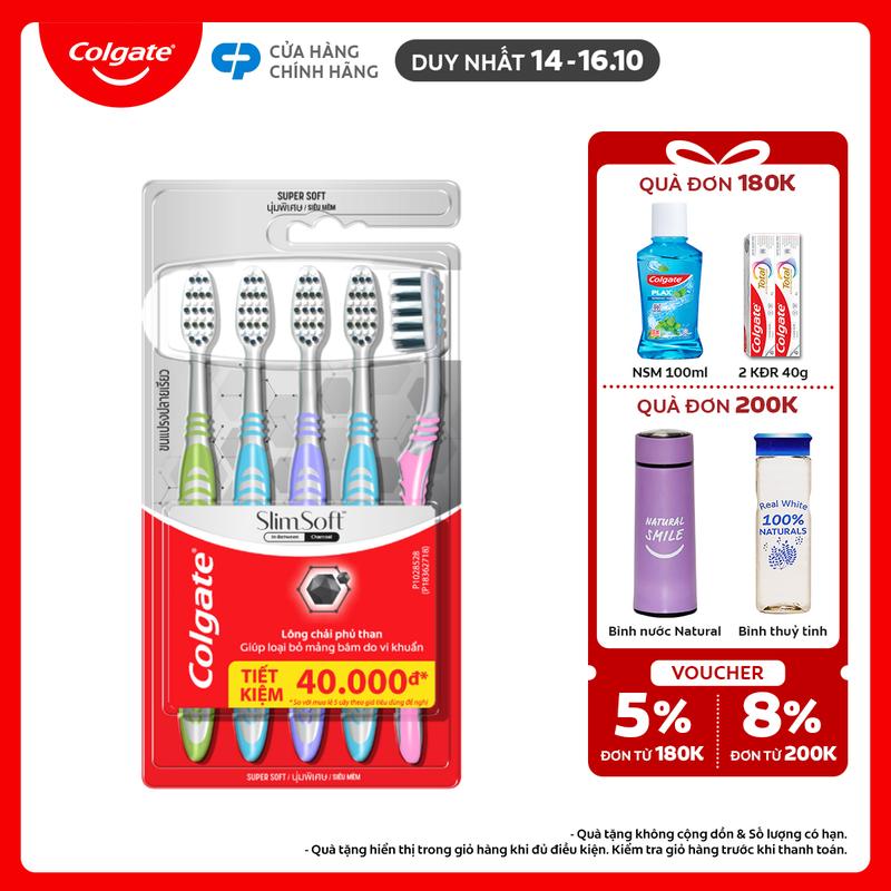 [Duy nhất 14-16.10] Bộ 5 Bàn chải Colgate Slimsoft Between Charcoal lông chải mềm mảnh xen sợi phủ than hoạt tính