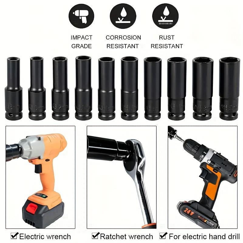 10pcs Set 1/2 Inch 8-24mm Electric Long Socket Wrench Tool Socket Wrench Adapter Hand Tool Car Home Industrial Repair Tool Socket Kit 6