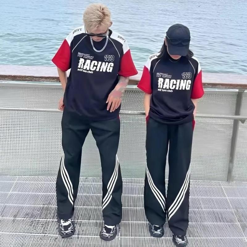 Áo phông Racing from rộng nam nữ phối tay áo thun racing cộc tay cổ tròn phong cách boy phố Menswear Cotton Cotton