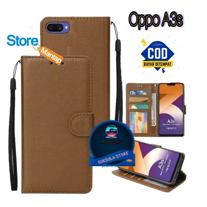 LEATHER CASE FLIP UNTUK OPPO A3S / RESLME C1 -FLIP WALLET CASE KULIT - CASING DOMPET-FLIP COVER LEATHER-SARUNG BUKU HP Ponsel 1