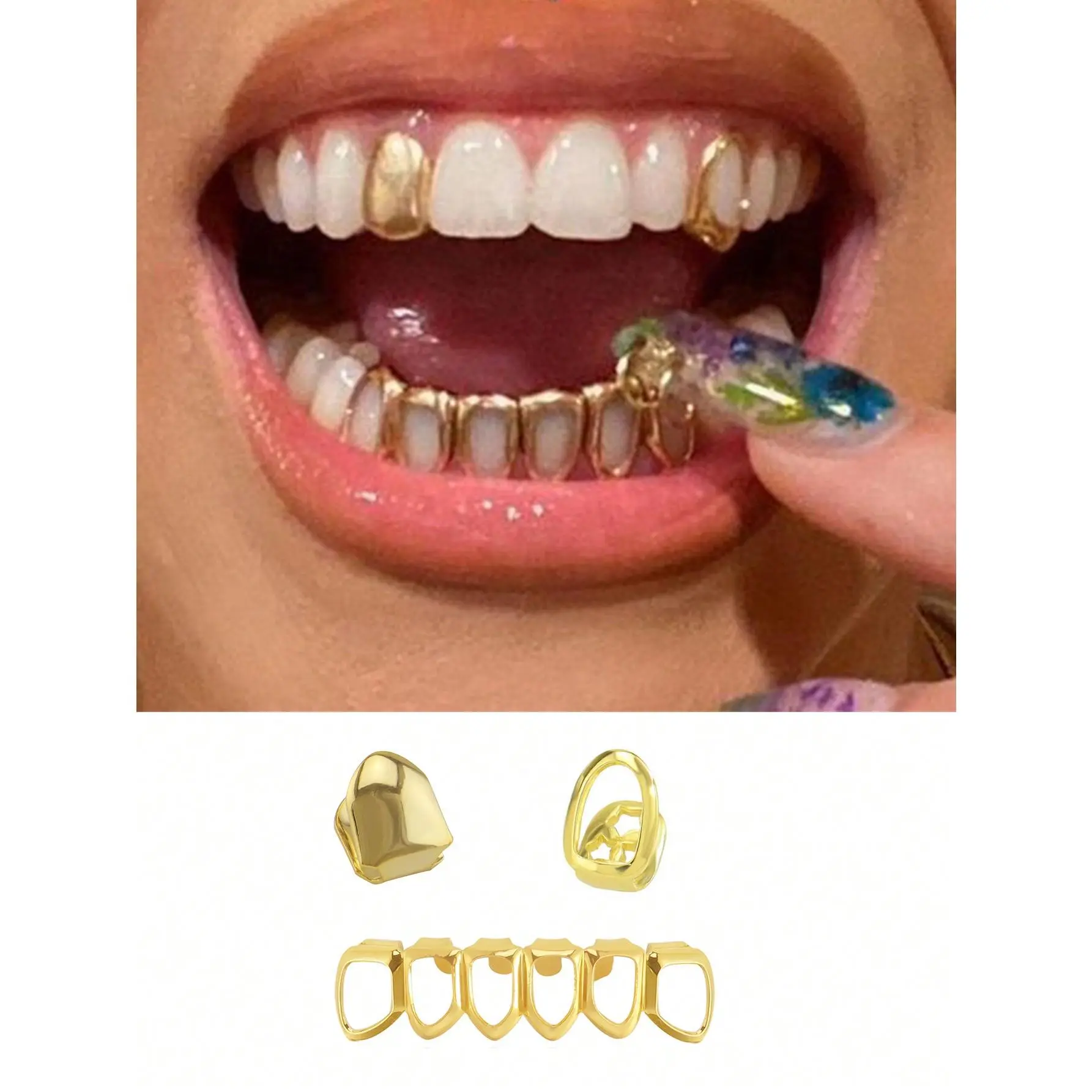 1 Set Shiny Top Hollow, Bottom Full Hollow Hip-Hop Teeth Grills, Party Club Decorations, Valentine's Day Gift Unisex, Adjustable With Dental Grills Included