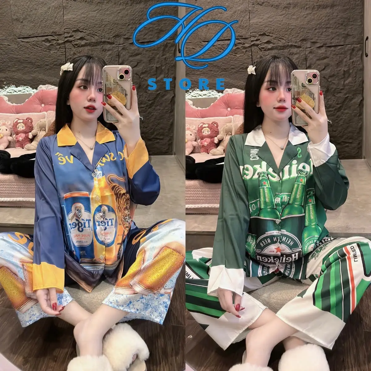 DƯỚI 58Kg Dưới 1’63 [ Mẫu Tết ] Đồ Bộ Nữ Lụa Latin Mặc Nhà Áo Tay Dài Thiết Kế Ken Xanh Ger Đỏ Đồ ngủ Bộ Ngủ Pijama Lịch Nho - HD STORE