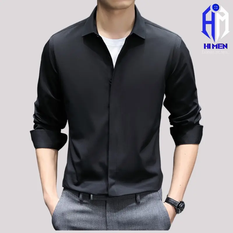 Áo sơ mi dài tay che cúc HIMEN, chất vải kháng nhăn co dãn mềm mịn , form slimfit tôn dáng gọn gàng khi sơvin(44-86kg) 4