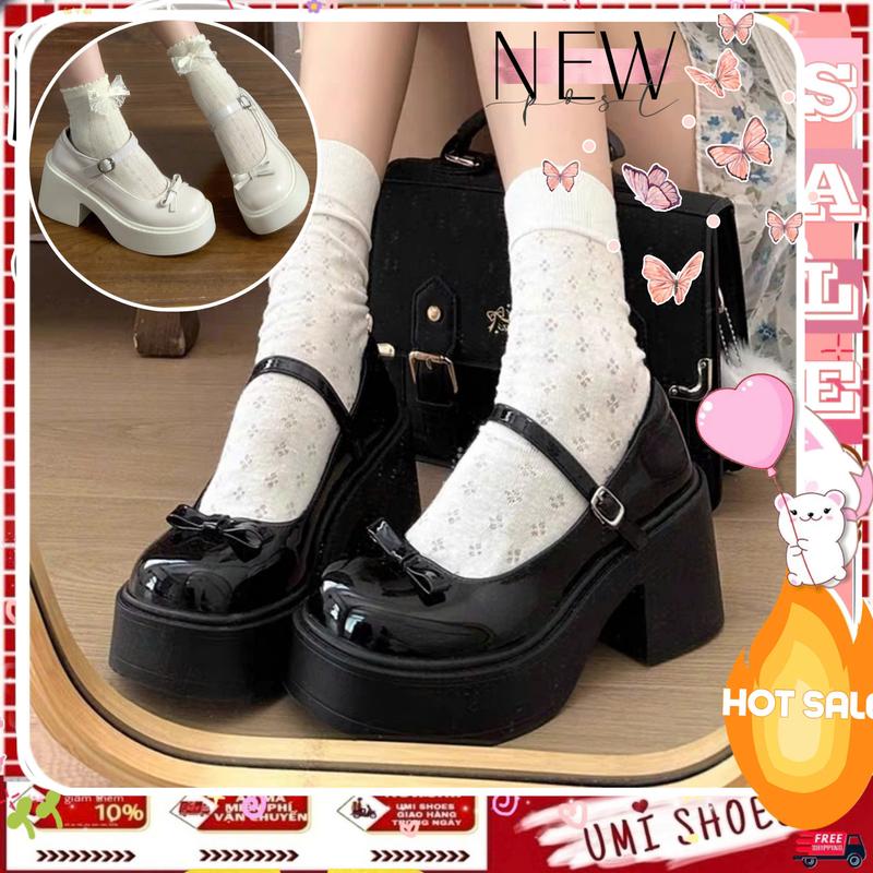FULLBOX-MỚI Giày Mary Jane Nữ DUP NO Đế Cao 5cm búp bê Lolita da quai cài màu đen kem đẹp hot giày mary Shoes