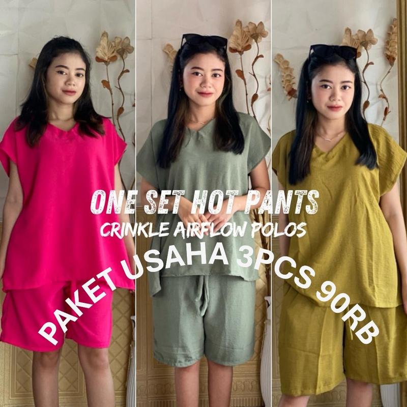 HARGA SPECIAL 3PCS ONE SET SETELAN BAJU WANITA / HOTPANS BAHAN CRINKLE AIRFLOW / CELANA PENDEK WANITA / BAJU TIDUR LENGAN PENDEK LD 120 1