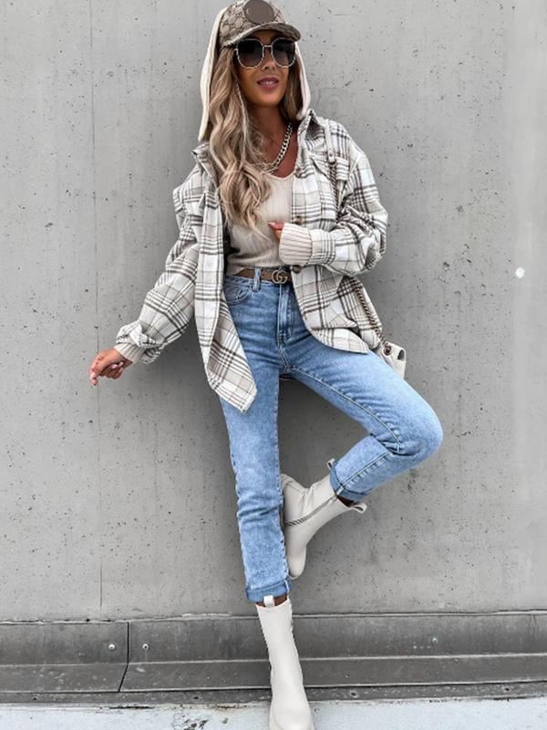 Women's Plaid Print Flap Pockets Button Front Hooded Overcoat, Casual Fitted Drop Shoulder Hooded Coat for Fall & Winter, Women's Clothing, Please Purchase A Size Up 6