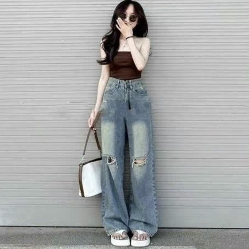 Quần Baggy Jean nữ ống rộng màu xanh nhạt ,Quần JEAN nữ ống suông rách gối lưng cao NJ0627