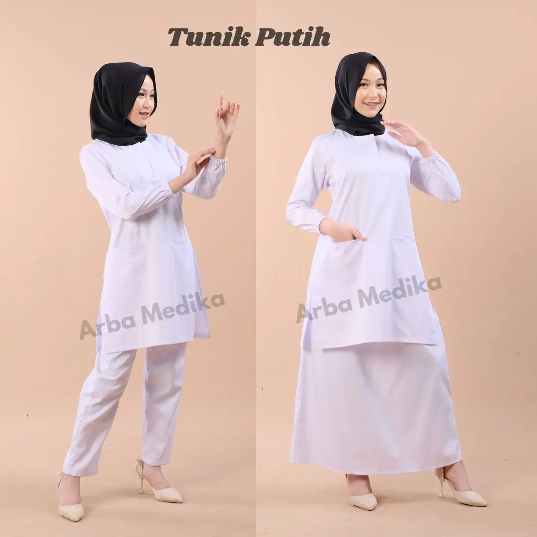 Baju Perawat Ok Putih Tunik Scrubs Dokter Jaga Perawat Lengan Panjang Karet Bahan American Drill