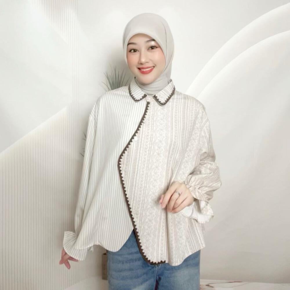 Asaya Atasan Kemeja Pakaian Wanita Motif Bergaris Mode Korea Terbaru