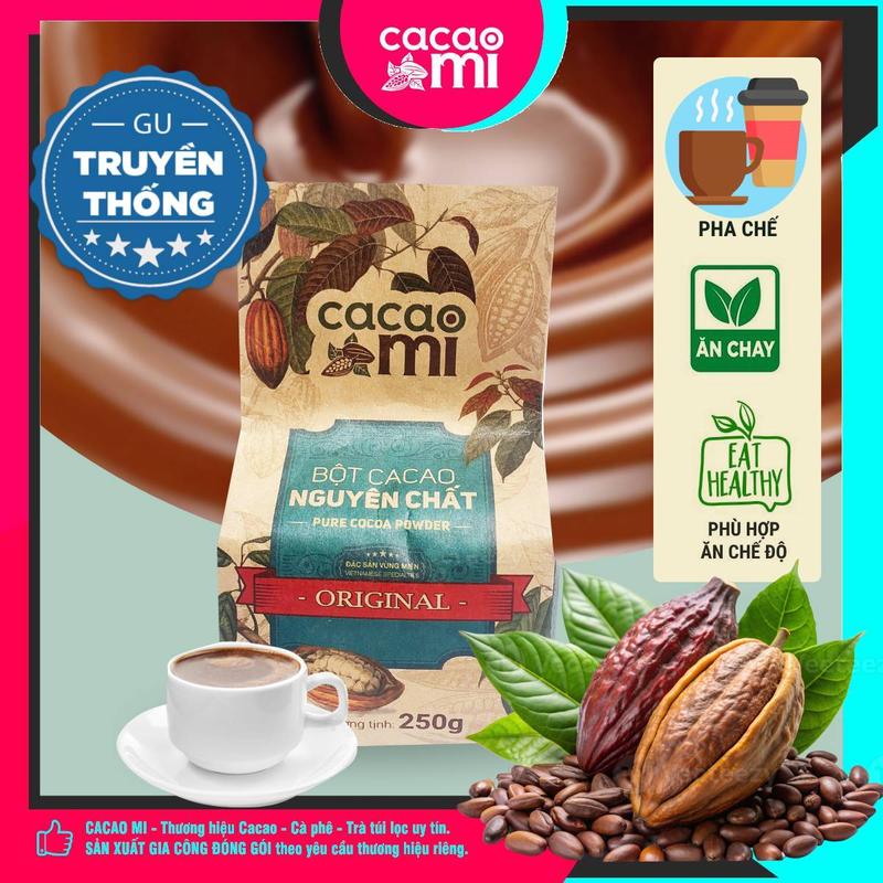 Bột cacao nguyên chất không đường bơ cacao 8-11% CacaoMi Original gu truyền thống tự nhiên chuyên pha chế đồ uống Sô Cô La cho quán Cafe làm bánh kẹo làm chocolate Snack Food Ăn Vặt Socola gói 250g