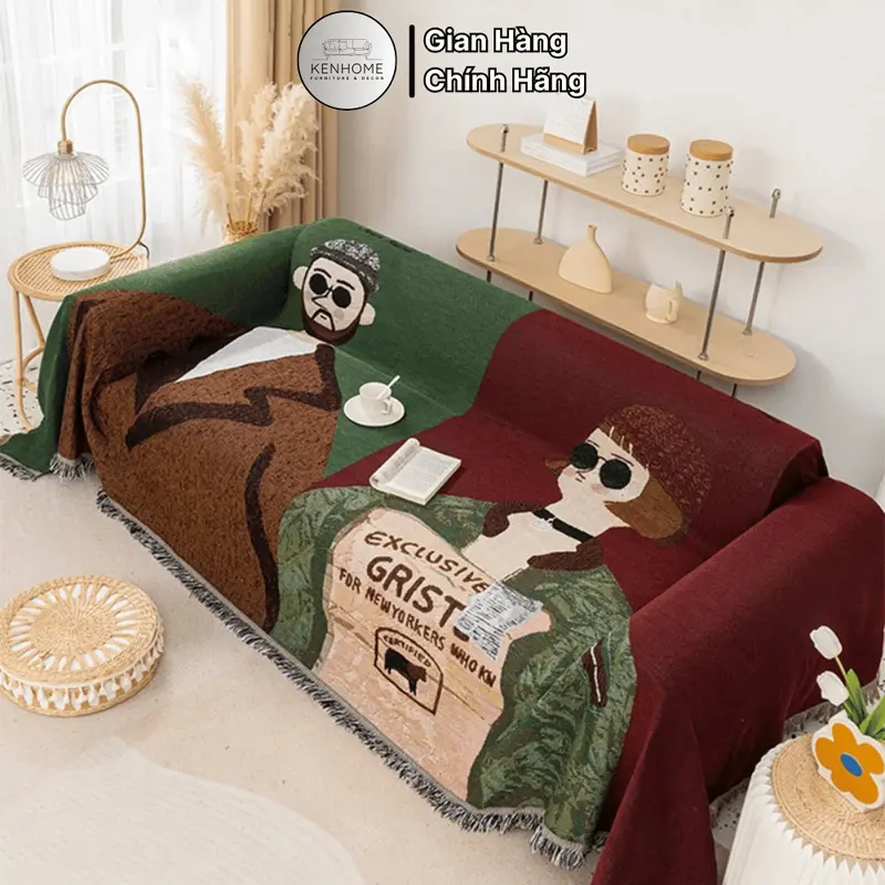 Khăn Trải Sofa Họa Tiết 2 Mặt, Thảm Trải Bàn Phối Ren Tua Rua, Thảm Picnic Phong Cách Bắc Âu Màu Sang Trọng, KENHOME 4