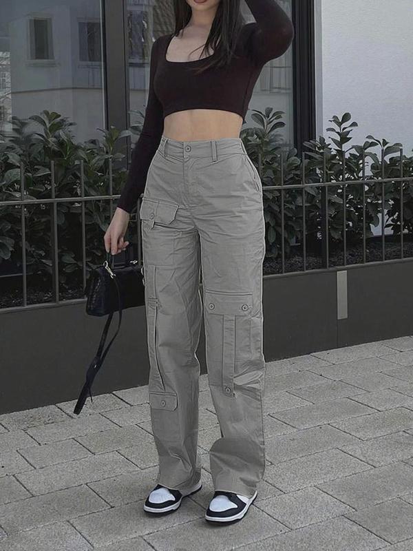 Women's Plain High Waist Flap Pocket Cargo Pants, Y2K Casual Street Basic Minimalist Comfort Straight Leg Trousers for Spring & Fall, Lady Bottoms for Daily Wear, Womenswear 4
