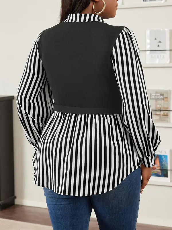 CURVZY Plus Size 2 in 1 Striped Print Bishop Sleeve Blouse, Casual Long Sleeve Collared Top for Spring & Fall, Women's Clothes for Daily Wear, Valentine's Day Gift for Girl, Fall Clothes, Winter Clothes 1