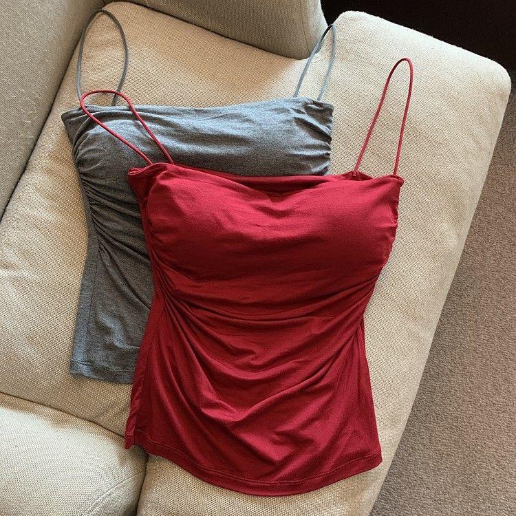Product Introduction of Pure Pleated Small Sling Vest Women's Fixed Chest Pad Student Girl Hot Sale red  coquette 10