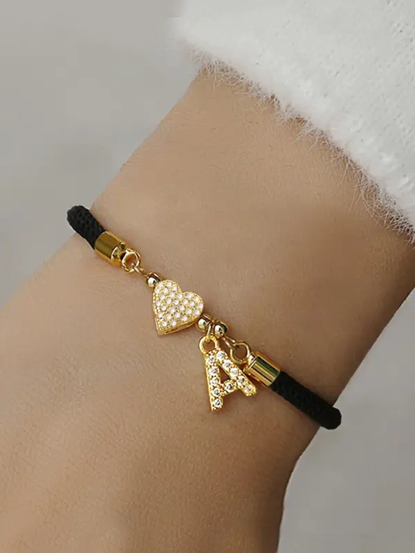 Initials Heart Charm Bracelet, Adjustable Rope Bracelet for Women & Girls, Fashion Jewelry for Party, Daily Clothing Decor, Trendy Exquisite Jewelry for Gift 0