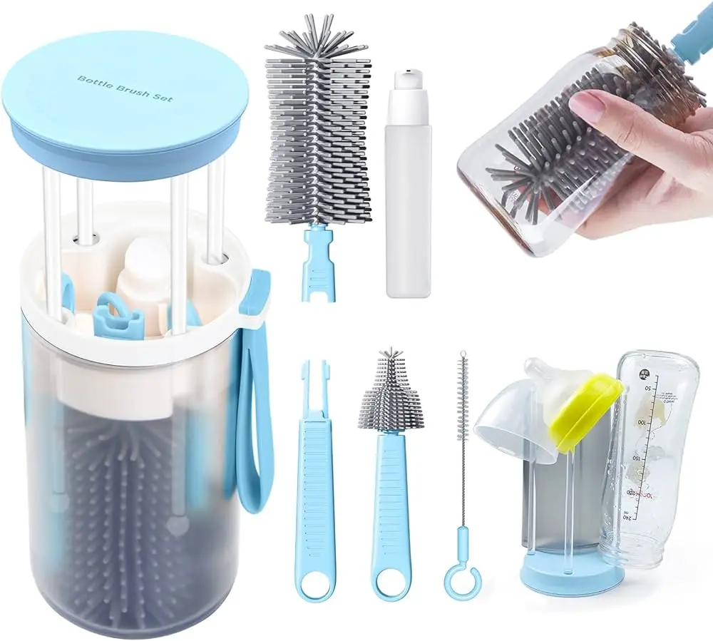 Travel Bottle Cleaner Kit, Baby Bottle Brush Set with Extendable Liquid Silicone Brush