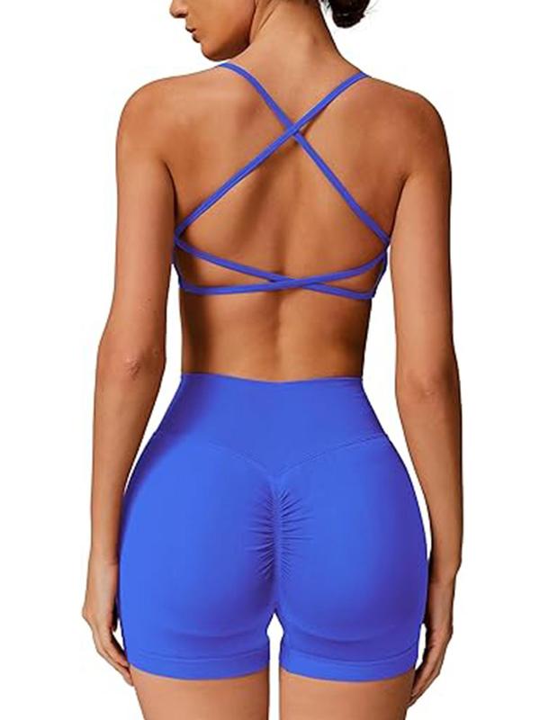 Women's Criss Cross Backless Crop Sports Bra & High Waist Shorts Sports Set, Breathable Comfortable Sports Set for Yoga Gym Workout Running, Ladies Sportswear for All Seasons 7