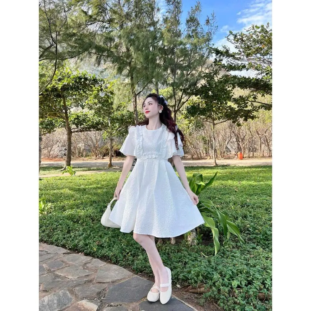 Váy trắng đính nơ cúp ngực form vừa [A70] Nữ Women Cup Dress Voan Voi