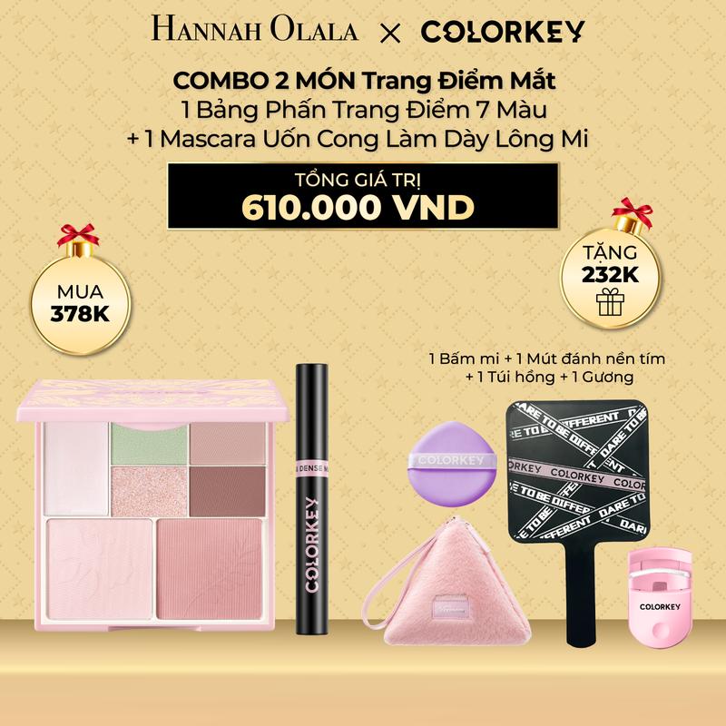 COLORKEY x Hannah - COMBO 2 MÓN 1 Bảng Phấn Mắt 7 Màu COLORKEY Trang Điểm Đa Năng + 1 Mascara COLORKEY 4.5g TẶNG 1 bấm mi, 1 Mút đánh nền tím, 1 Túi hồng, 1 Gương trang điểm cầm tay