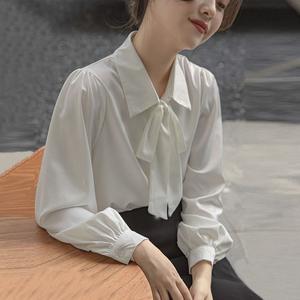 เสื้อเชิ้ตสีขาว มาใหม่ สำหรับผู้หญิง แขนโคมไฟ มีโบว์