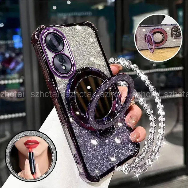 Casing for OPPO A38 4G A18 Four Corners Shockproof Phone Case Luxury New Bracelet Softcase 3D Makeup Mirror Holder Shell