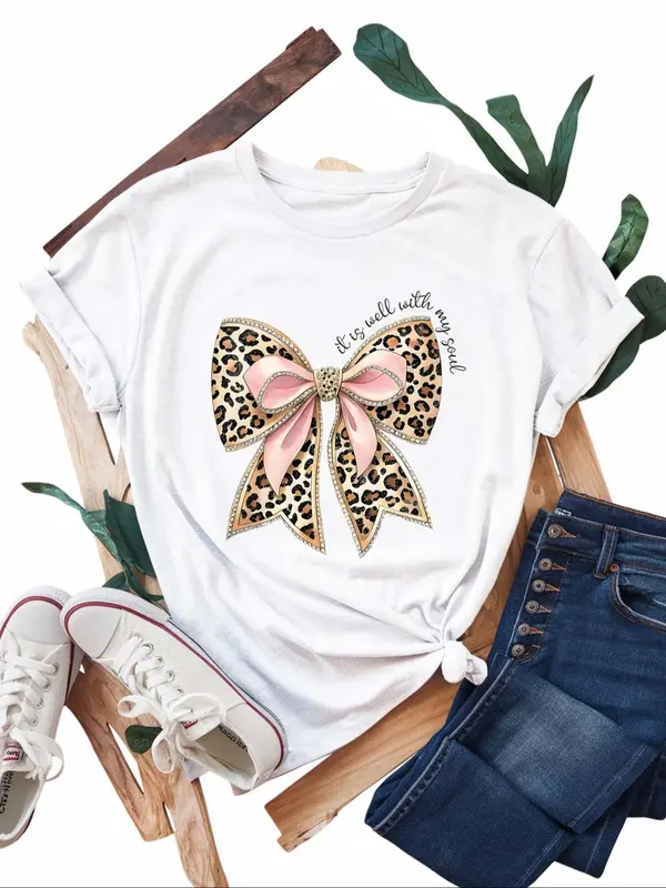 【Plus Size】 Bow Print Round Neck Tee, Fashion Casual Crew Neck Short Sleeve T-shirt for Daily Outdoor Wear, Women Plus Clothing for All Seasons, Top 4