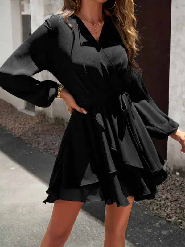 Women's Plain Tiered Layer Hem Belted Wrap Chiffon Dress, Elegant Bishop Sleeve V Neck A Line Short Dress for Party Holiday Wedding Guest, Ladies Spring & Fall Clothes 4