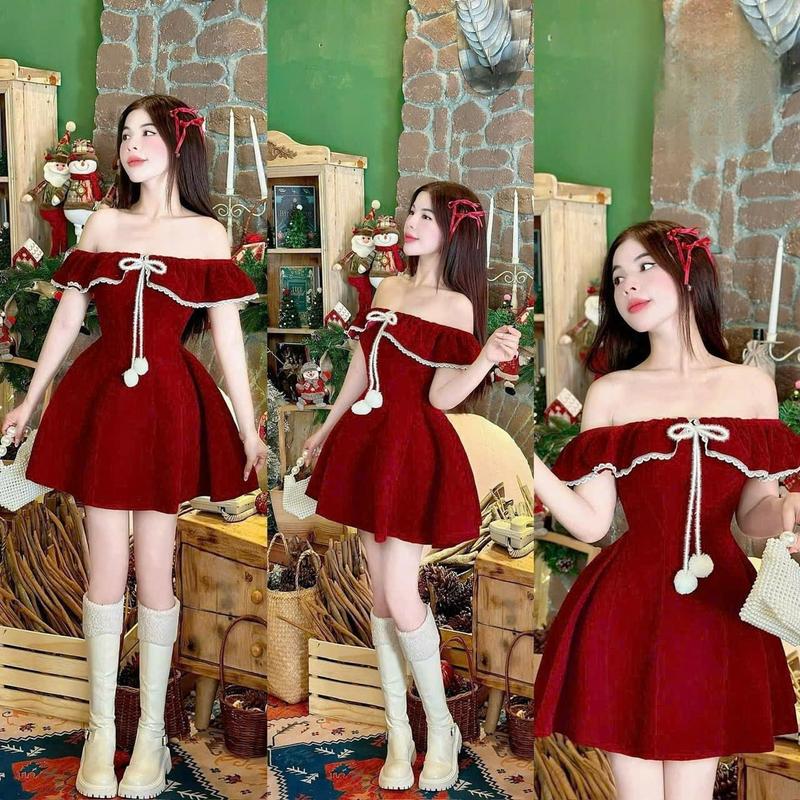  Đầm váy nữ trễ vai đính nơ mix dáng váy xòe ngắn Nhung đỏ dành diện đi chơi lễ tết giáng sinh siêu dễ thương - Women 