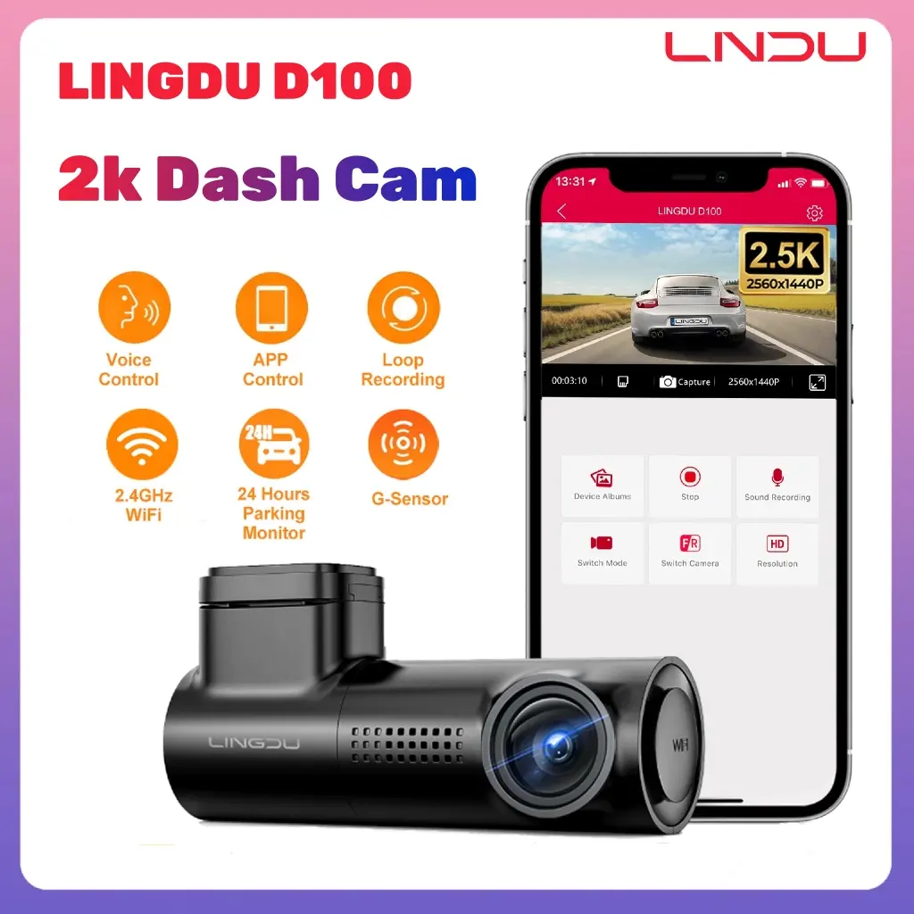 LINGDU D100 2K Dashcam 1440p Car Recorder WDR WiFi GPS App Control Dash Cam