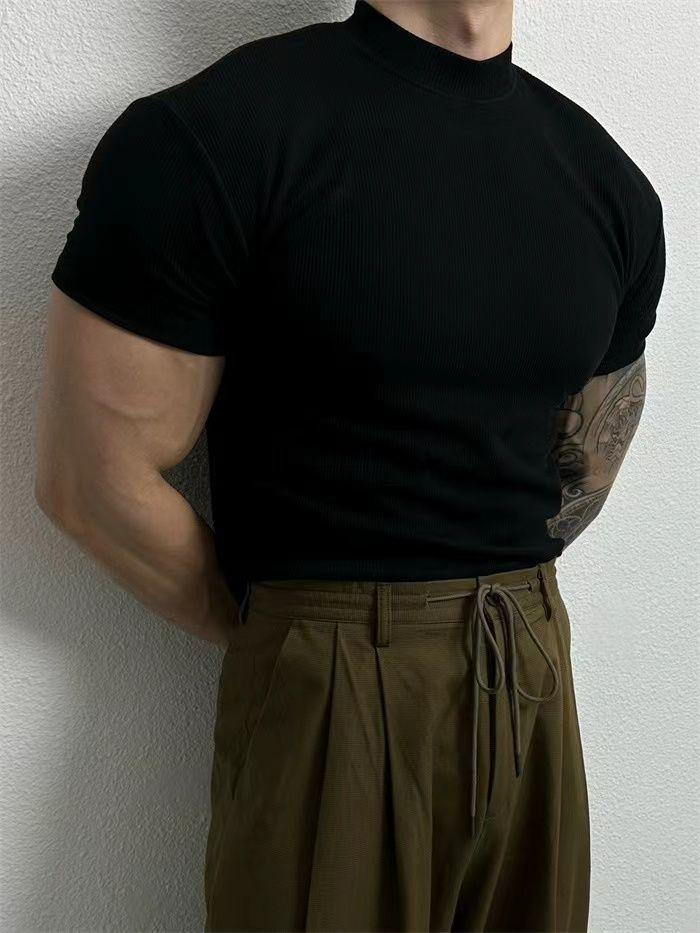 Product Introduction of Summer plus size men's clothing 300 jin 2025 new solid color half-high neck short-sleeved-shirt for men 4