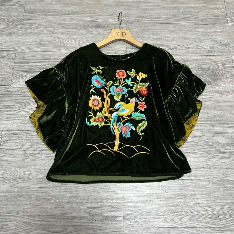 Áo nhung tay loe thêu Hoa Hồ Điệp, áo thân rộng, lót tay trong lụa tơ tằm